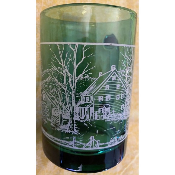 Vintage Currier And Ives Style - Holiday/Christmas - 1993 Green Glass Coffee Mug - Picture 2 of 5